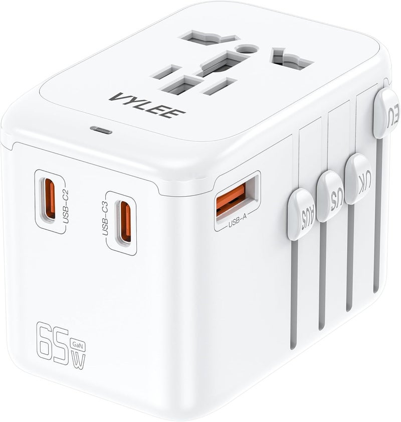 VYLEE Travel Plug Adapter, 65W Fast GaN Travel Charger, International Plug Adapter with 3 USB-C PD and 1 USB-A QC with US/EU/UK/AU Convenient for iPhone,Samsung,Laptops - Image 1